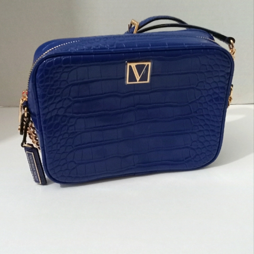 Victoria's Secret Croc-Embossed Blue Crossbody with Gold Hardware